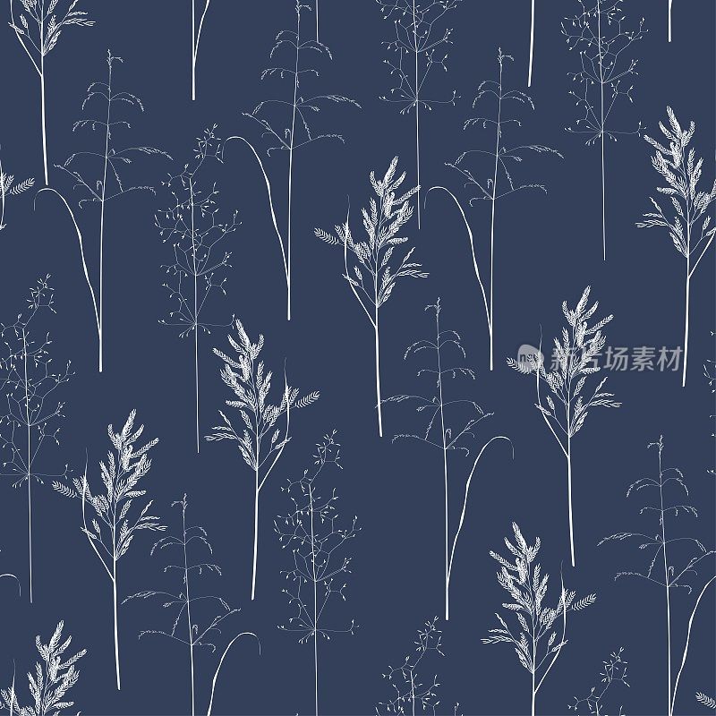 Seamless pattern with wild herbs and grasses.Thin delicate lines silhouettes of different plants. White line on blue background.